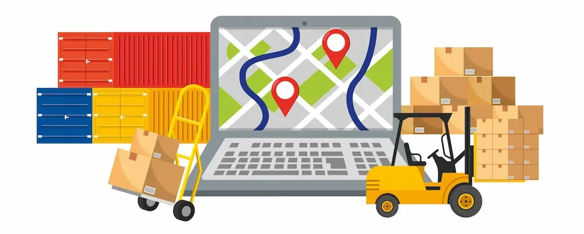 Illustrazione di logistica e consegna e-commerce con laptop e pacchi, simbolo della partnership Instacart-Kroger