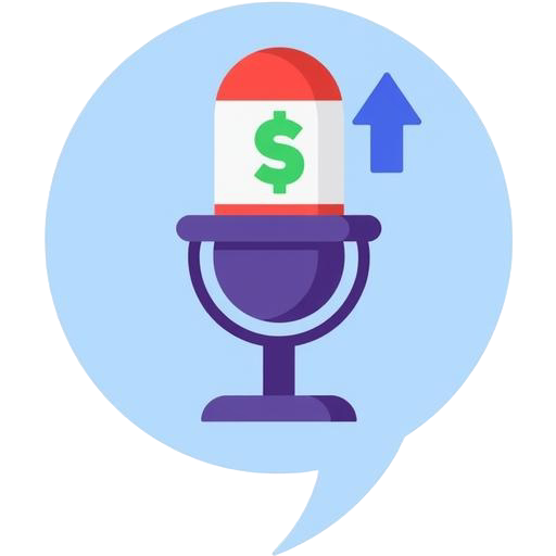 Icona stilizzata di un microfono con simbolo del dollaro e freccia di crescita, che rappresenta un'intervista sull'economia