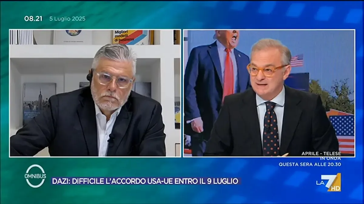 Un momento dell'intervento di Lucio Miranda durante la trasmissione Omnibus sul canale LA7 riguardo l'accordo sui dazi tra USA e UE