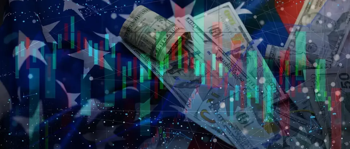 Immagine composita di indicatori finanziari e valuta USA, a simboleggiare le opportunità e le strategie di investimento nel mercato americano.