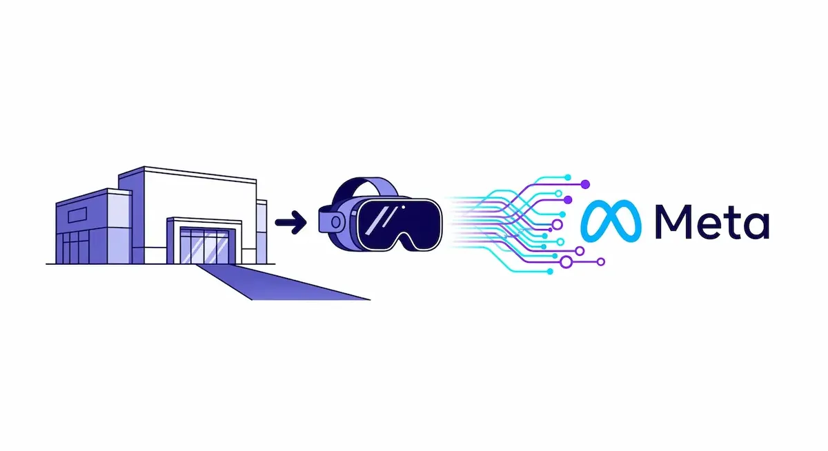Illustrazione concettuale che mostra la transizione da un negozio fisico a un visore VR, connesso digitalmente al logo Meta, simboleggiando l'integrazione tra commercio reale e metaverso