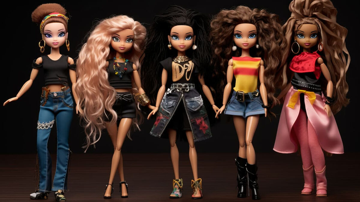 Bambole Bratz in vari outfit che rappresentano lo stile iconico della moda anni 2000