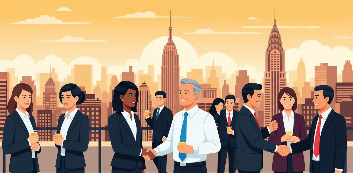 Illustrazione di un evento di networking sul rooftop di New York, con professionisti che si stringono la mano e conversano, a simboleggiare la collaborazione internazionale