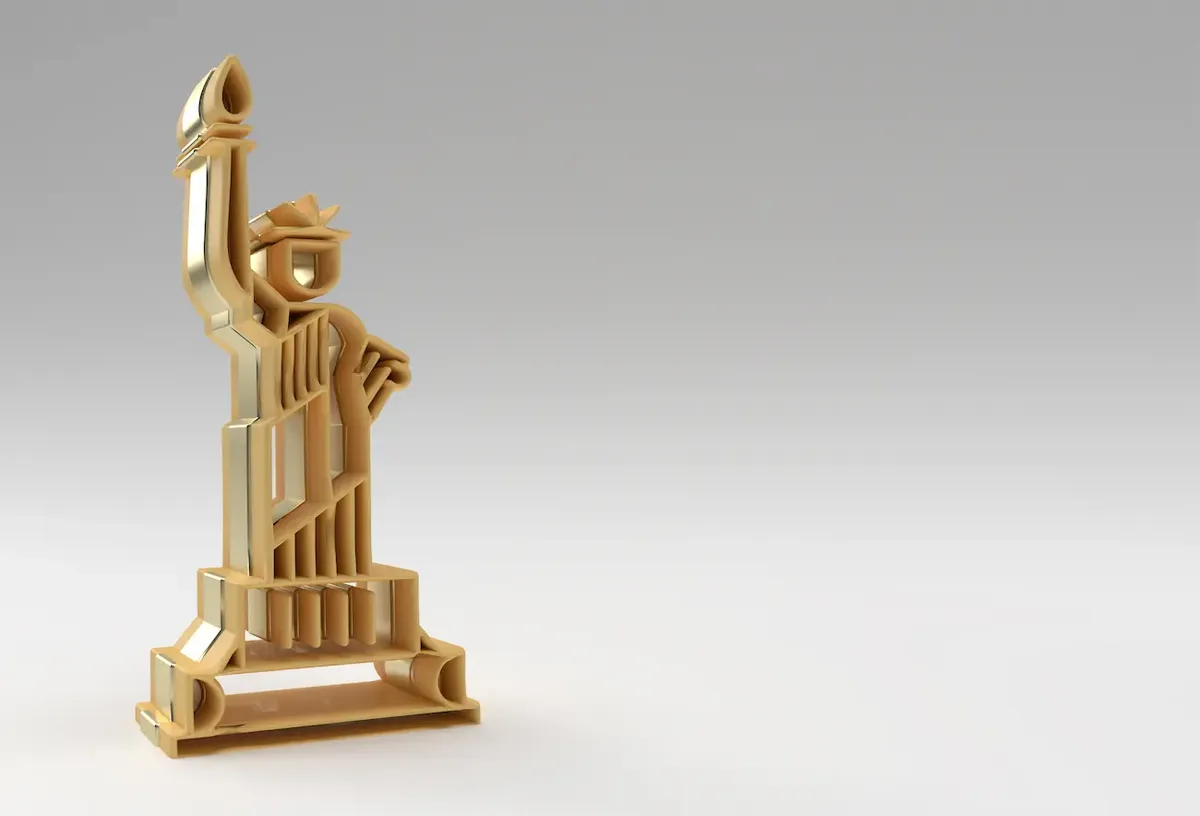 Statua della Libertà dorata 3D su sfondo chiaro, simbolo di New York e opportunità di ripresa