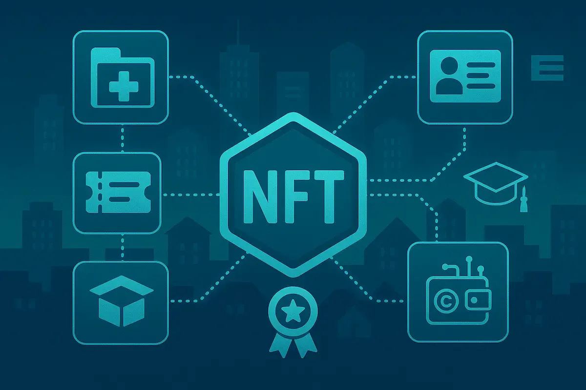 NFT: icone di applicazioni (salute, identità, eventi) con token centrale e sfondo USA.