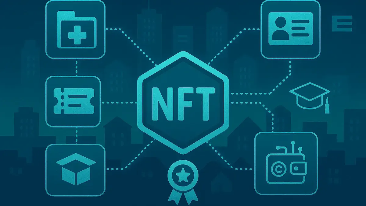 NFT: icone di applicazioni (salute, identità, eventi) con token centrale e sfondo USA.