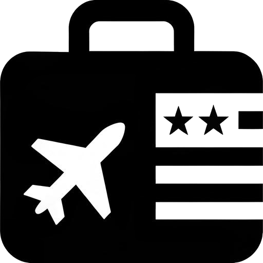 Icona stilizzata di una valigia e un aereo con stelle, che rappresenta il viaggio e l'accesso agli Stati Uniti