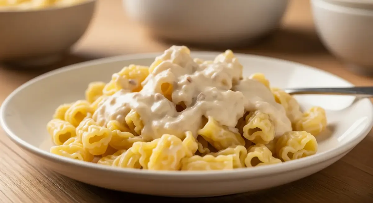 Foto realistica di un piatto di pasta con sugo cremoso, che rappresenta l'amore degli americani per la pasta e i nuovi formati