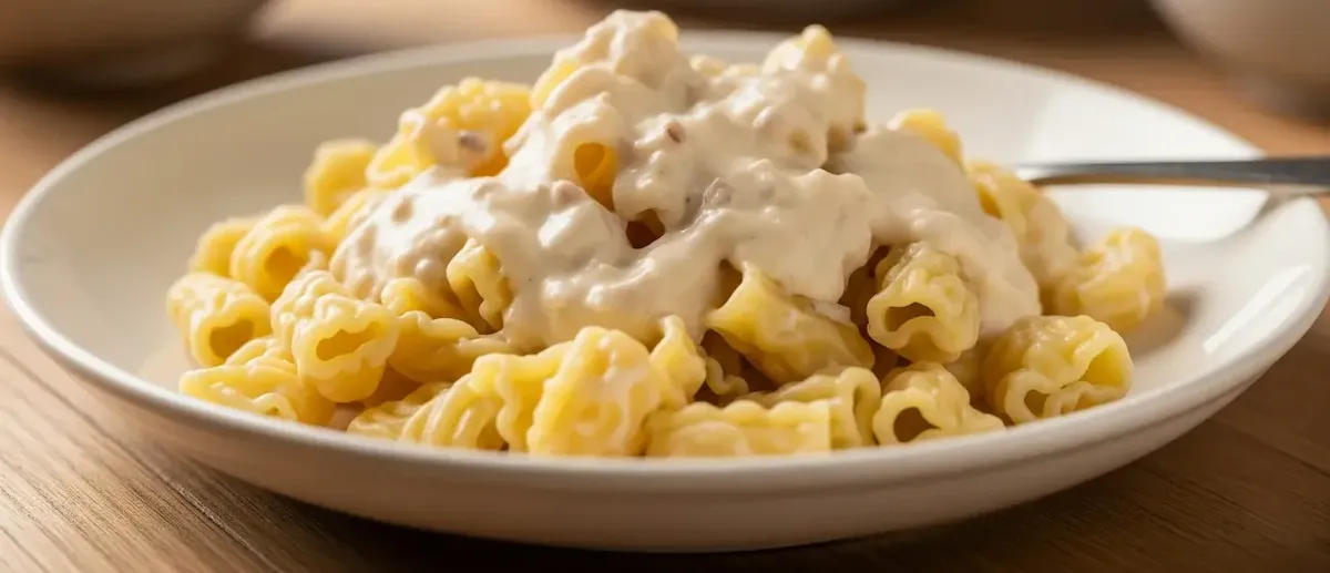 Foto realistica di un piatto di pasta con sugo cremoso, che rappresenta l'amore degli americani per la pasta e i nuovi formati