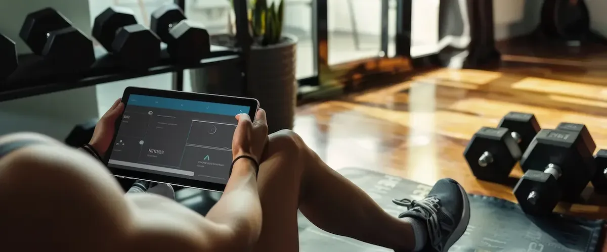 Persona che si allena a casa usando un tablet per un'applicazione di fitness, con manubri in una palestra domestica moderna