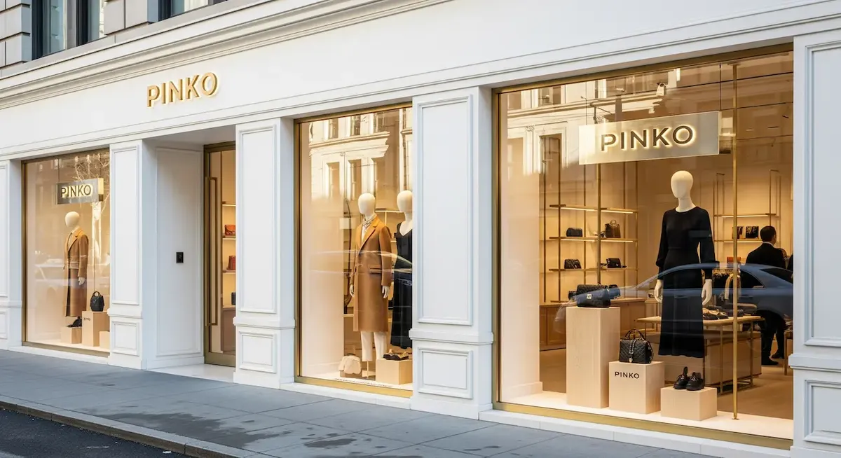 Esterno elegante del negozio Pinko con facciata bianca e vetrine che espongono abbigliamento di lusso