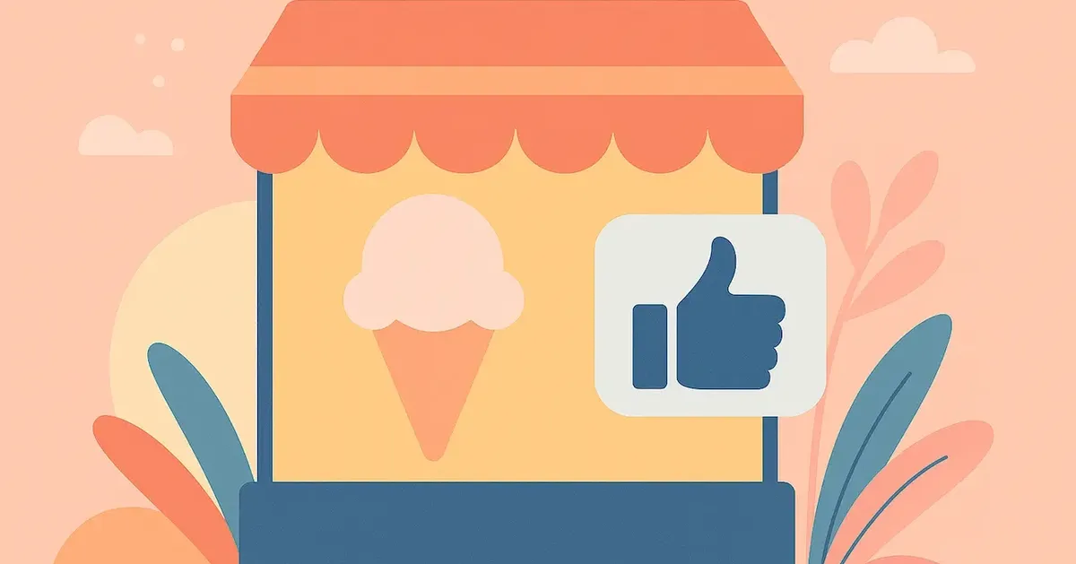 Illustrazione di un pop-up store con gelato e simbolo social, evidenziando il marketing esperienziale