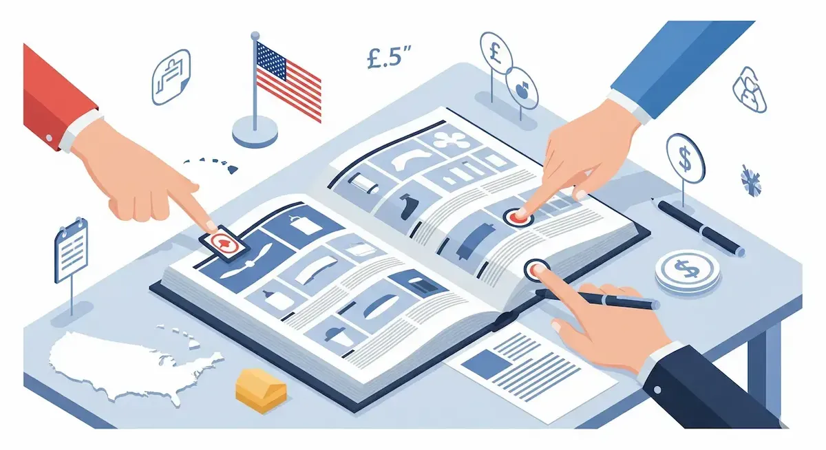 Illustrazione professionale di mani che preparano un catalogo prodotti aperto per fiere negli Stati Uniti, con riferimenti a misure e valuta americana.