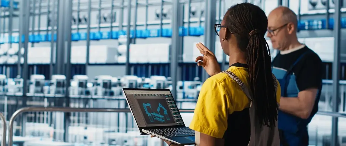 Professionisti analizzano braccio robotico in ambiente industriale avanzato