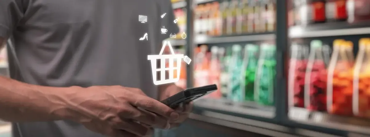 Persona usa lo smartphone per lo shopping digitale in un supermercato, con icone di vari prodotti, a simboleggiare l'acquisto tramite app