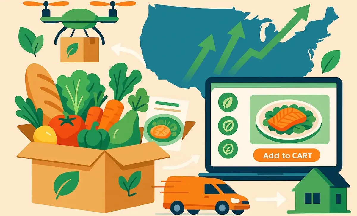 Illustrazione dell'e-commerce alimentare e della consegna di meal-kit negli Stati Uniti, con scatola di verdure, drone, furgone e mappa USA 