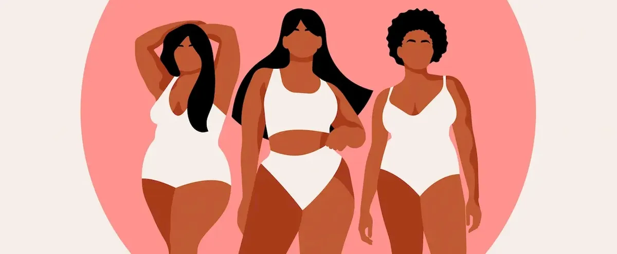 Illustrazione di tre donne con diverse forme del corpo, che rappresentano l'inclusività e la body positivity nella moda intima