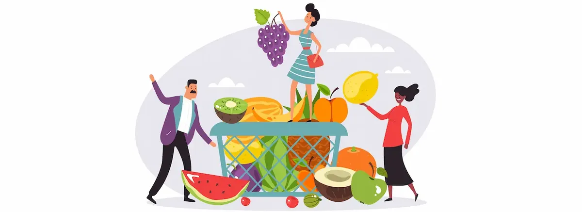 illustrazione: piccole persone insieme ad un cesto di frutta, simboleggia il trend alimentare negli USA