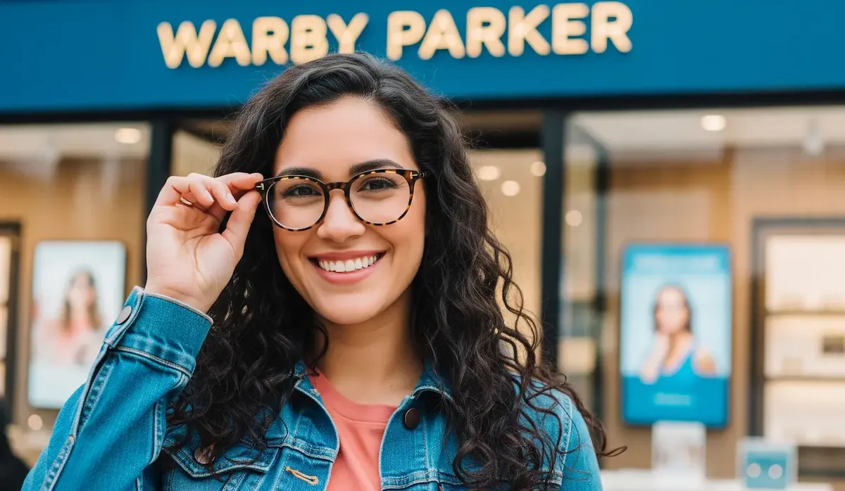 Cliente felice davanti a un negozio Warby Parker, che rappresenta la combinazione di e-commerce e retail fisico del marchio