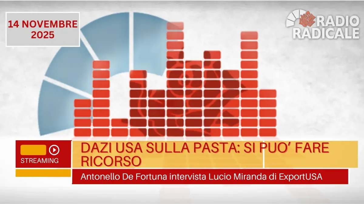 Copertina della trasmissione sui dazi pasta italiana trasmessa da Radio Radicale con Lucio Miranda ExportUSA