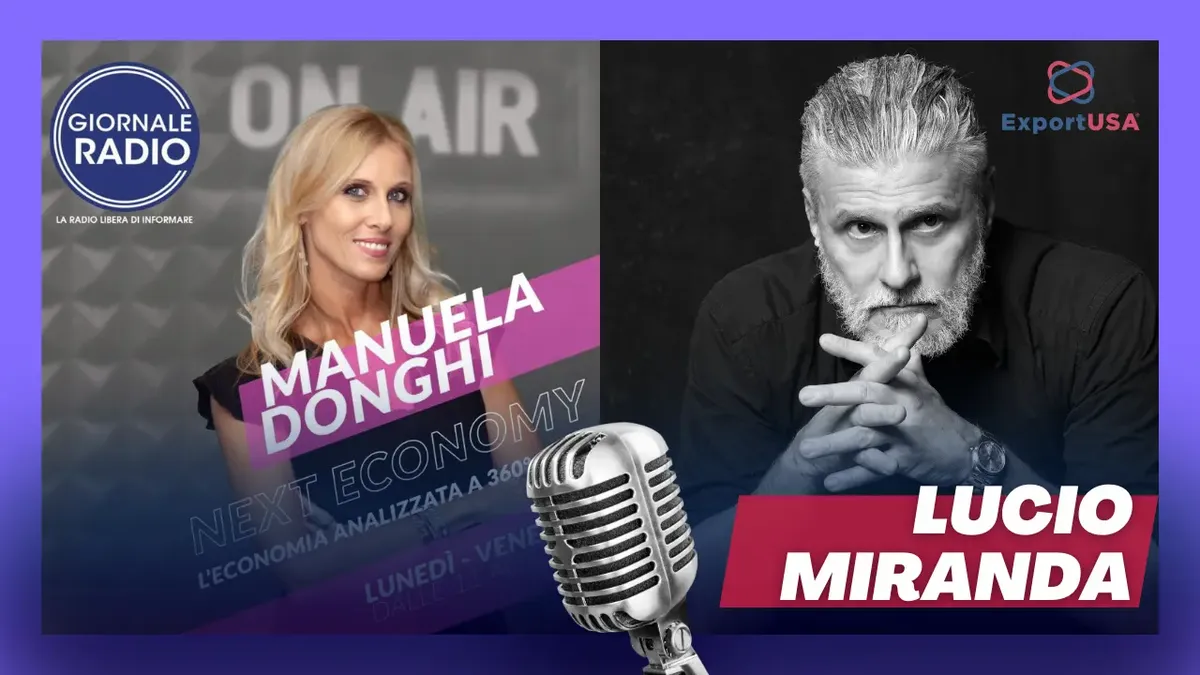 La conduttrice di Next Economy, Manuela Donghi, e Lucio Miranda, presidente di ExportUSA, prima della trasmissione su Giornale Radio