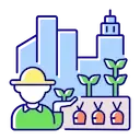 Icona: agricoltore stilizzato con piante davanti a edifici, che simboleggia la coltivazione urbana