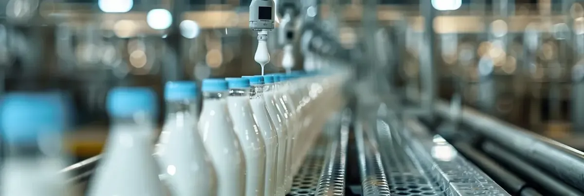 Fila di bottiglie di latte su un nastro trasportatore in un impianto industriale