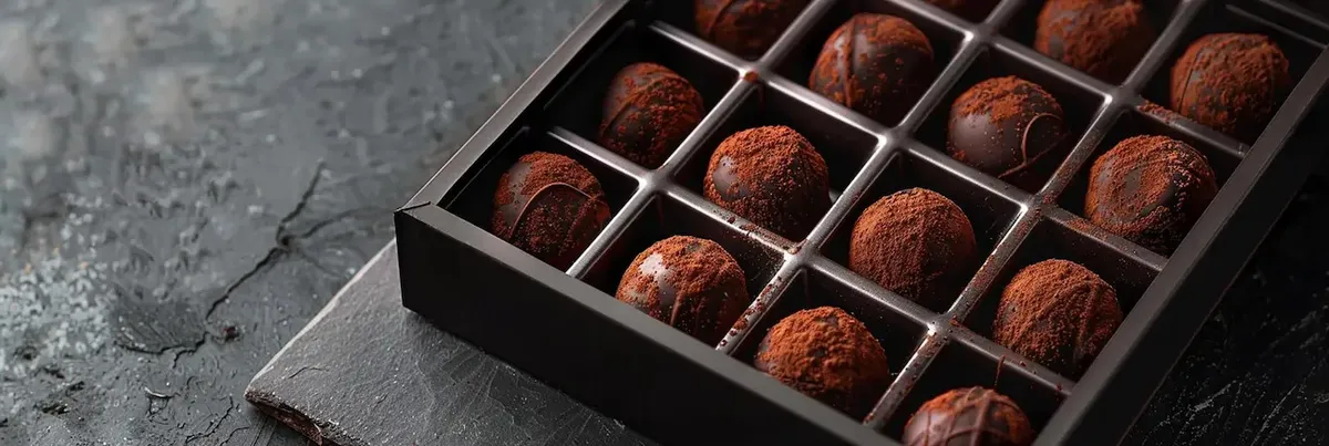 Scatola elegante di cioccolatini artigianali italiani di alta qualità su ardesia, pronti per l'export negli Stati Uniti