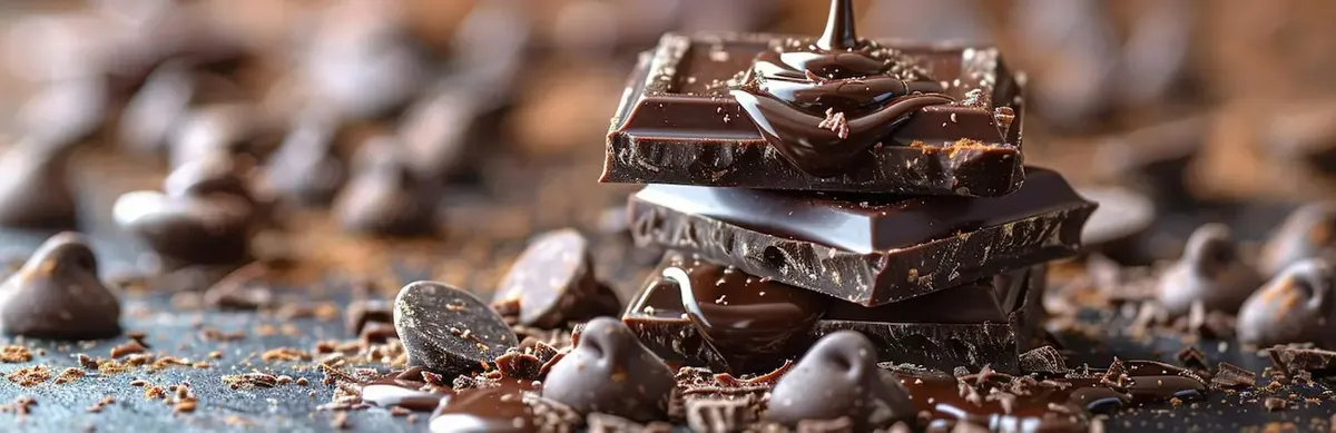 Primo piano di tavolette e gocce di cioccolato fondente con un filo di cioccolato fuso che cola, su sfondo caldo e sfocato.
