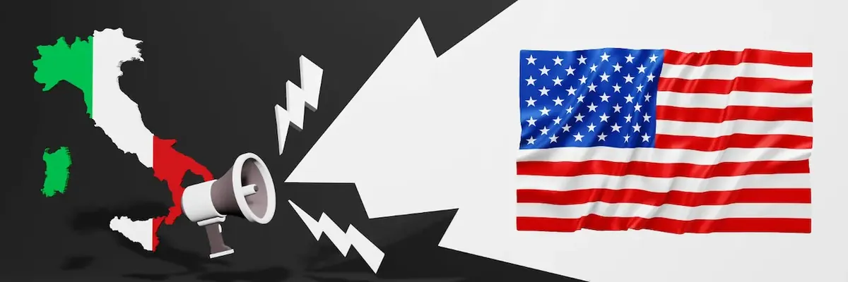 Comunicazione che parte dall'Italia (mappa e megafono) e arriva agli Stati Uniti (bandiera americana), simboleggiando il marketing cross-culturale