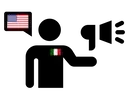  Icona: figura italiana, con megafono e bandiera americana, che simboleggia la comunicazione cross-culturale e il marketing