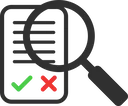 Icona: lente d'ingrandimento che controlla un documento con una spunta verde e una croce rossa, simboleggiando la verifica delle etichette
