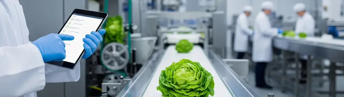 Un operatore in camice bianco controlla la qualità su un tablet in una linea di produzione di lattuga, simboleggiando il rigoroso controllo di igiene e qualità