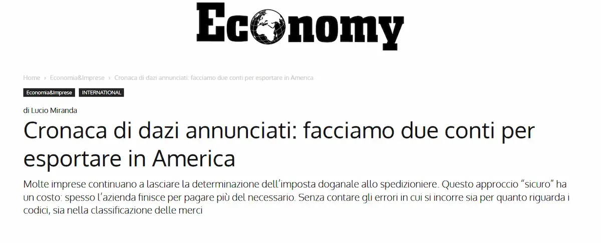 Articolo su Economy con intervista a Lucio Miranda su calcolo corretto dei dazi per America