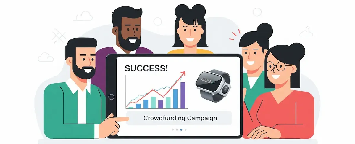 un gruppo di persone entusiaste che finanzia una startup di successo, che simboleggia l'efficacia del crowdfunding