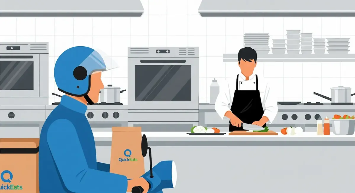 Illustrazione di una cucina professionale con uno chef e un fattorino, che rappresenta il concetto di cucine virtuali e consegna a domicilio