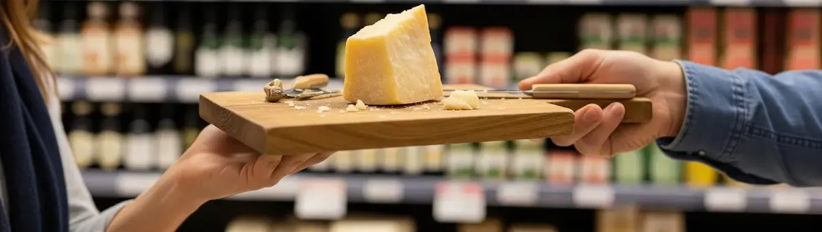 Degustazione di formaggi italiani per un consumatore americano, che simboleggia una ricerca di mercato
