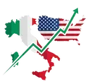 Esportazioni record nel 2016 - Ottimo andamento dell'export italiano negli Stati Uniti d'America Icona: Due sagome geografiche di Italia e Stati Uniti con le rispettive bandiere e una linea verde che indica la crescita economica.