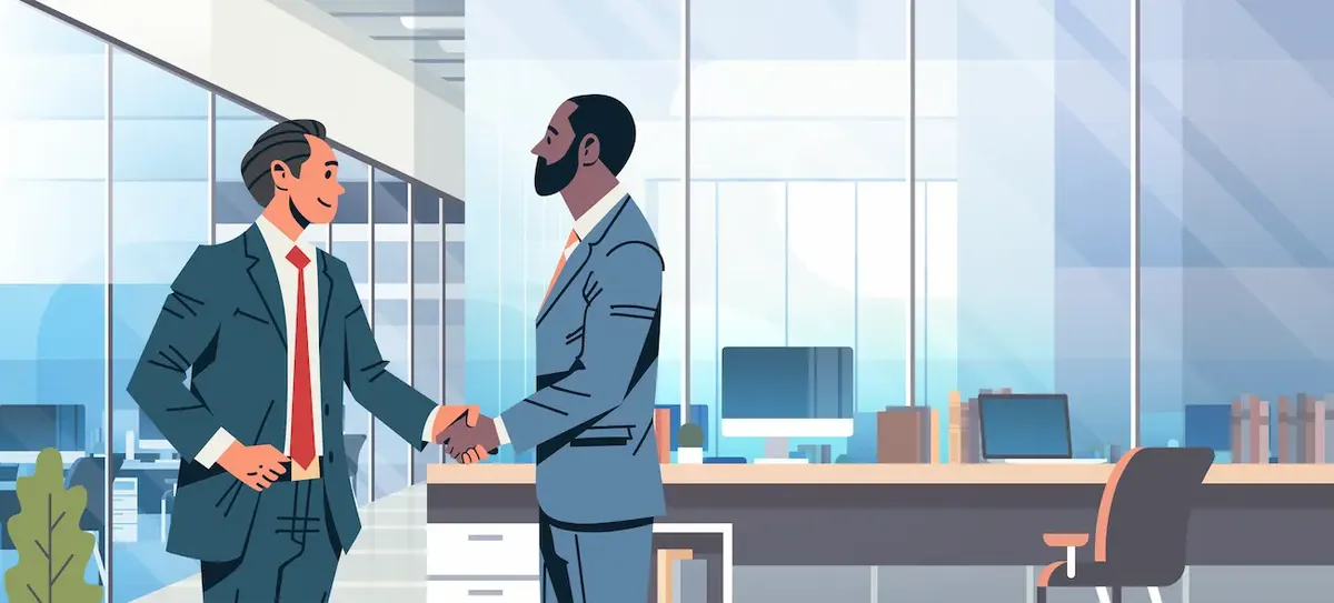 Uomini d'affari che si stringono la mano in un ufficio moderno, simboleggiando una partnership di successo per l'export