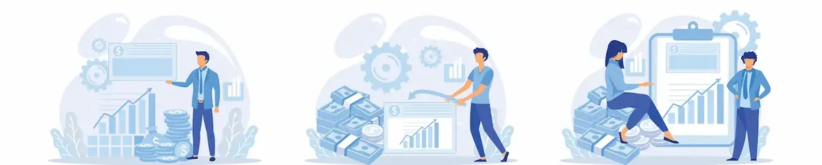 Illustrazioni vettoriali di uomini e donne che gestiscono finanze e grafici di crescita, simboleggiando successo economico e investimento negli USA