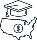 Icona: combina un tocco da laureato con la mappa degli Stati Uniti e il simbolo del dollaro, a simboleggiare la formazione sul mercato USA