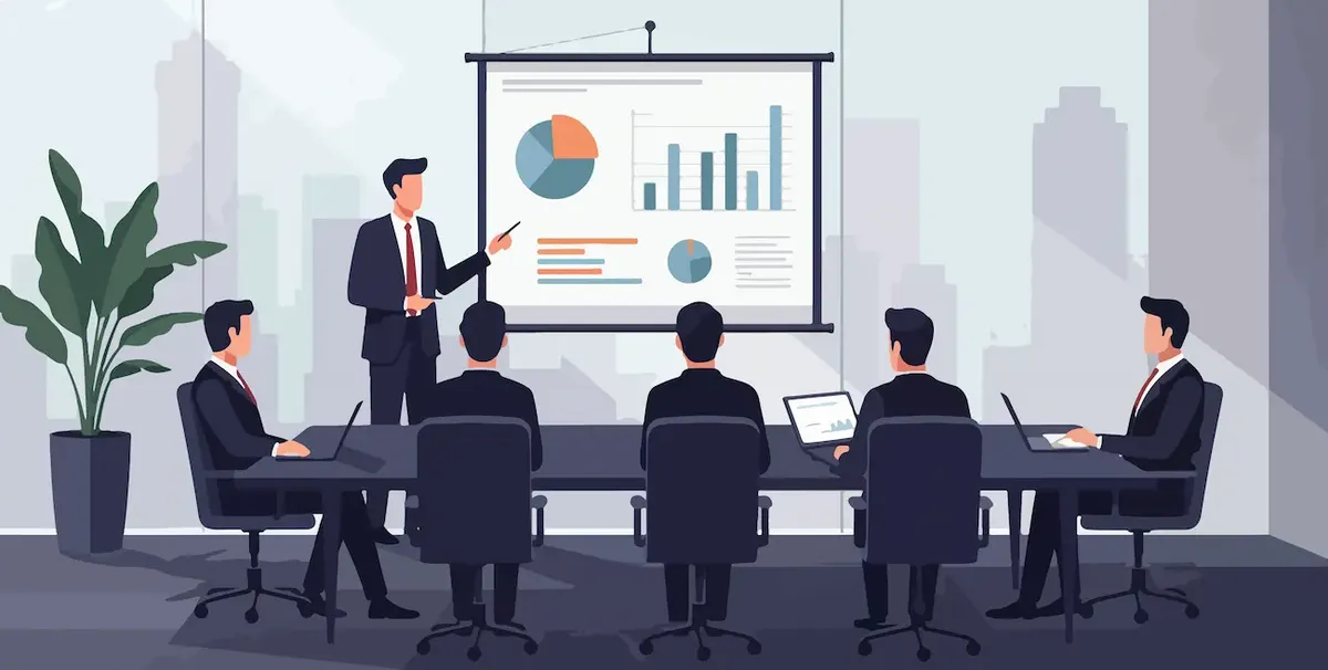 Sala riunioni moderna con uomini in abiti formali che presentano e analizzano grafici sullo skyline di New York, simbolo di formazione e dati aziendali