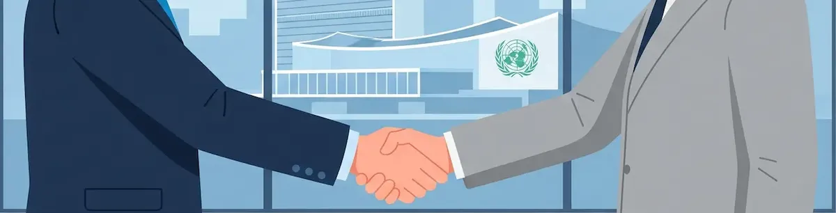Incontro d'affari per diventare fornitore delle Nazioni Unite, che simboleggia un accordo commerciale internazionale