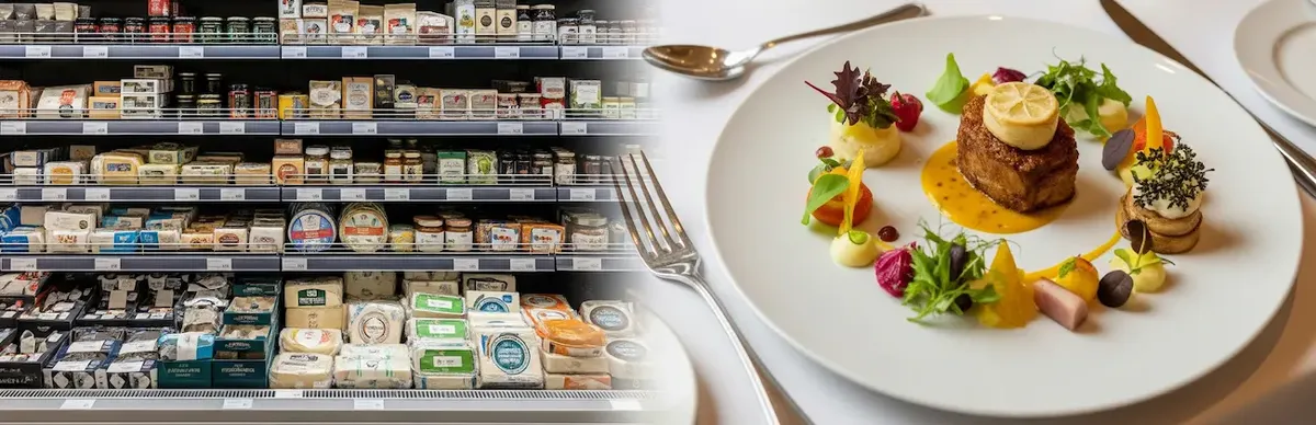 Scaffali di formaggi di alta qualità in un supermercato fusi visivamente con un piatto gourmet elegantemente presentato su una tovaglia bianca, simboleggiando il concetto di grocerant