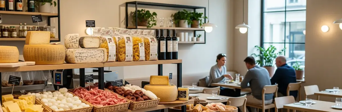 Interno di un moderno grocerant con esposizione di prodotti alimentari italiani e un'area ristorante
