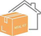 Icona: scatola di meal kit e una casa, a rappresentare la convenienza e la cucina casalinga
