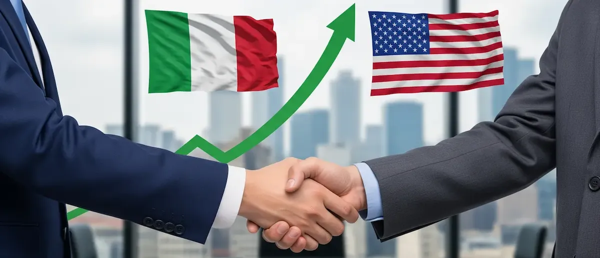 Professionisti che si stringono la mano con un grafico di crescita, a simboleggiare gli investimenti italiani in America