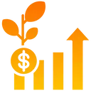 Icona: pianta stilizzata che cresce da una moneta dollaro e grafico a barre in aumento con freccia, simbolo di investimento e successo finanziario