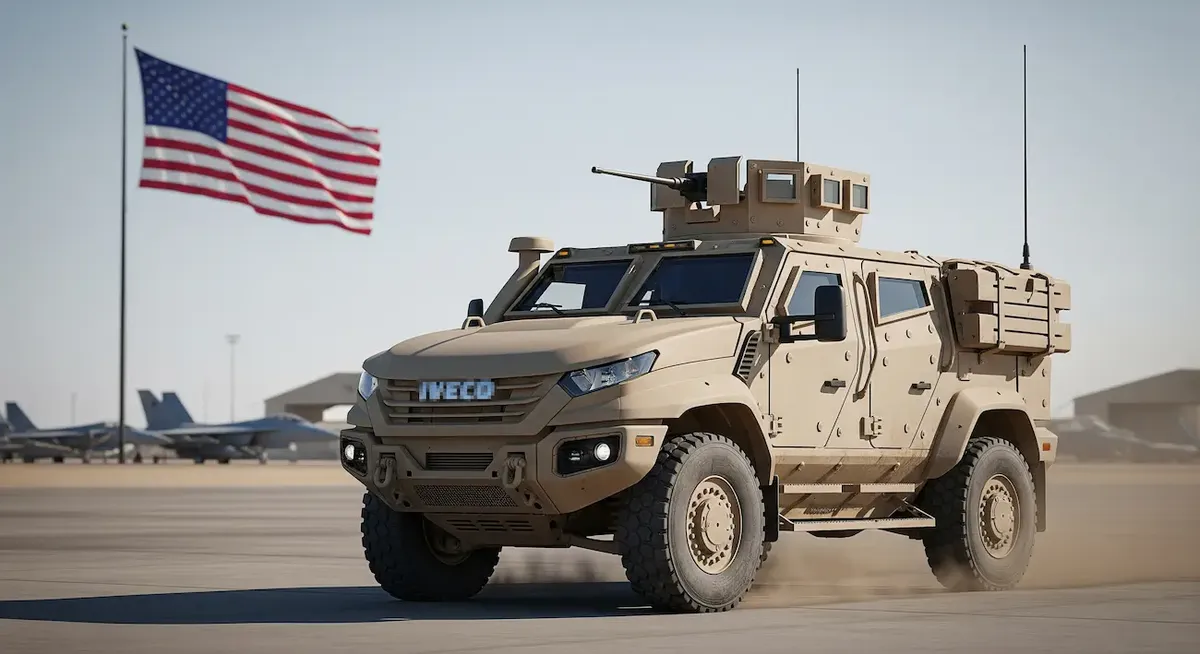 Veicolo blindato IVECO in una base USA, simbolo della collaborazione militare Italia-Stati Uniti