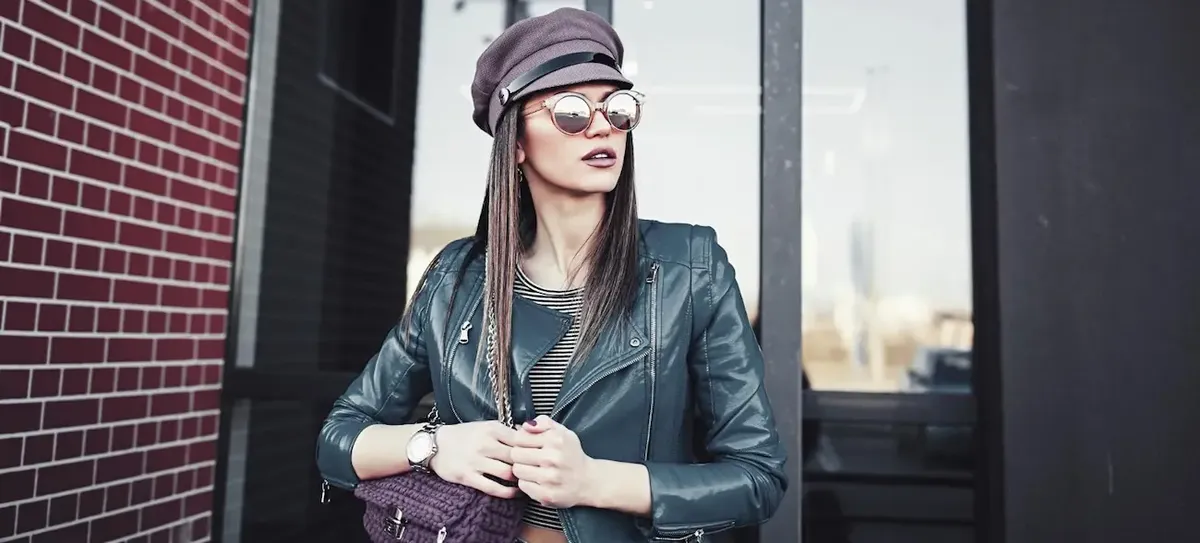 Donna con abito accessori di design italiano, in un ambiente di New York, che simboleggia la moda "Made in Italy"